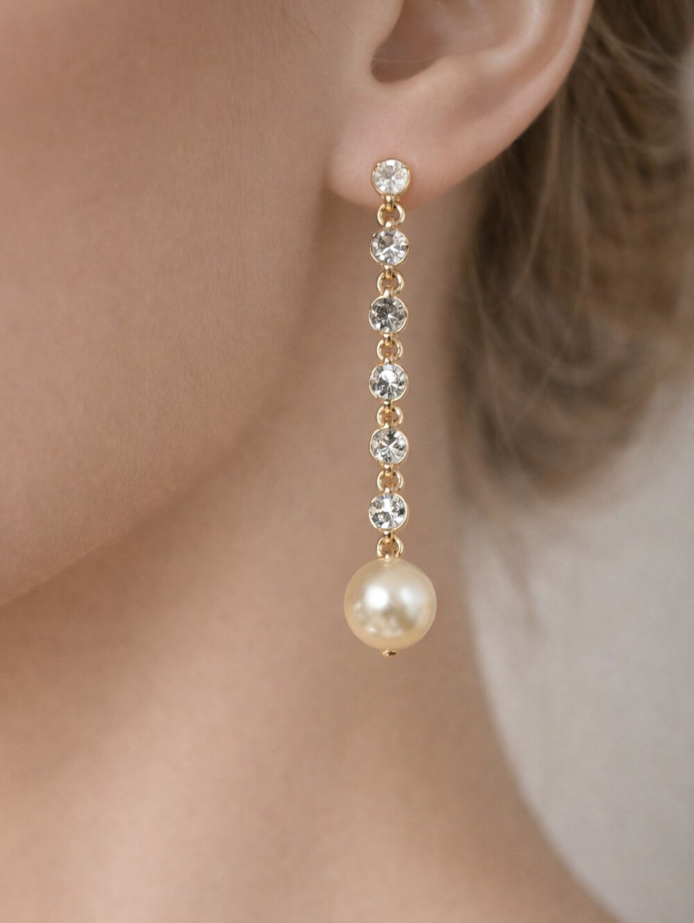 Gold Faux Pearl Drop Earrings with Sparkling Crystal Chain Dangle Statement Glam